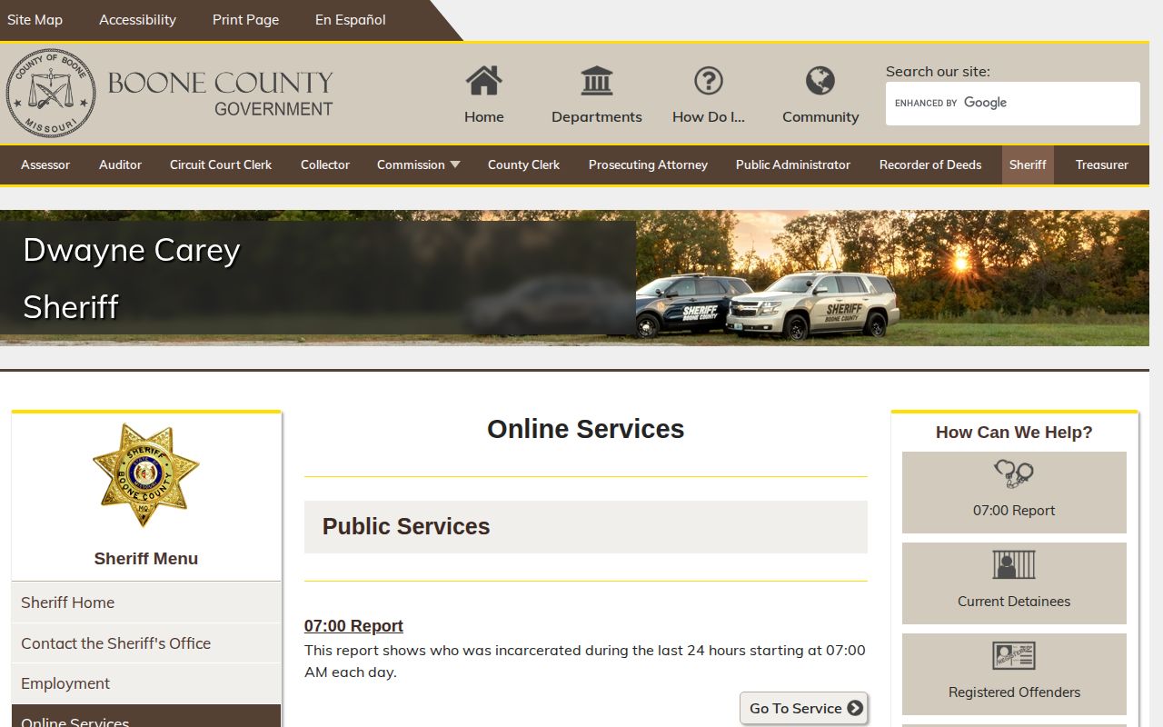 Boone County Sheriff online services with detainee and daily report links
