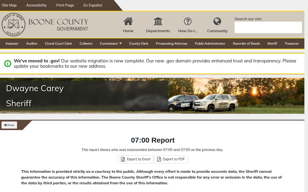 Official Boone County 07:00 incarceration report interface