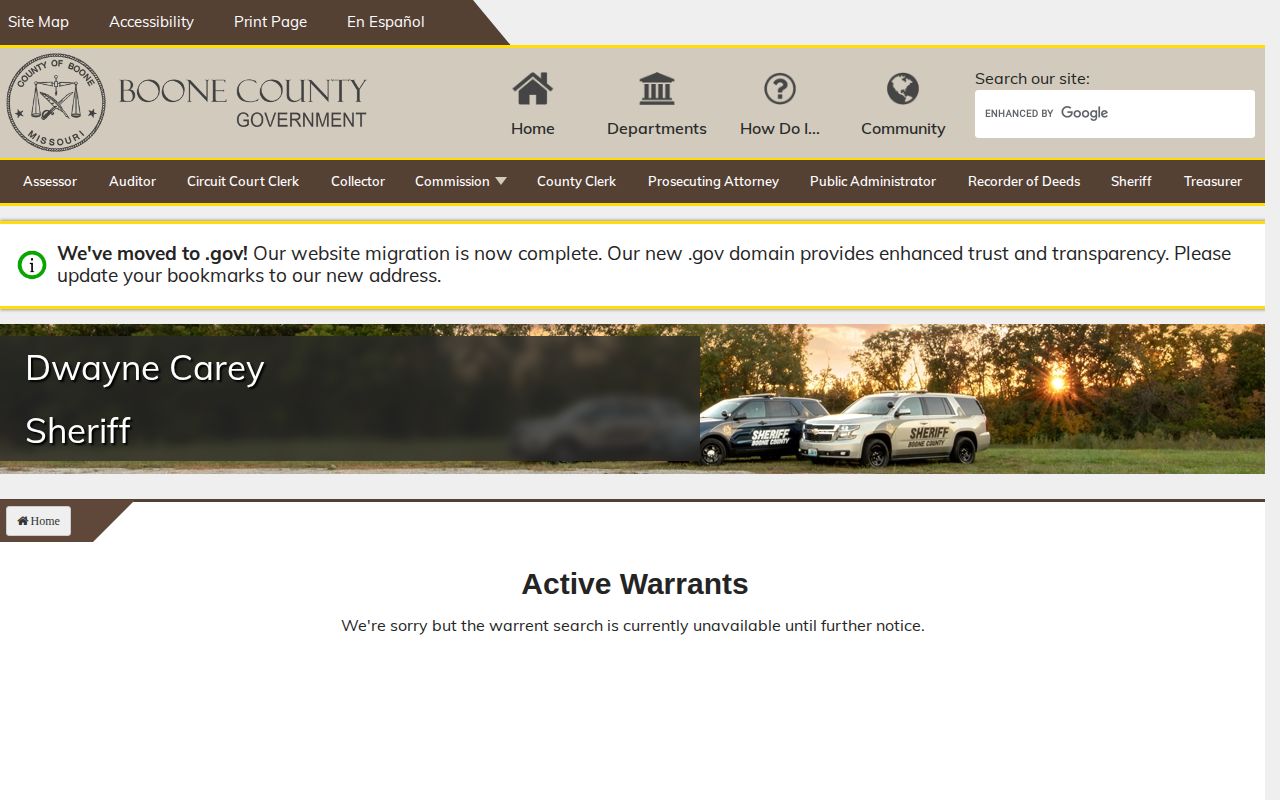 Boone County official active arrest warrant search unavailable notice