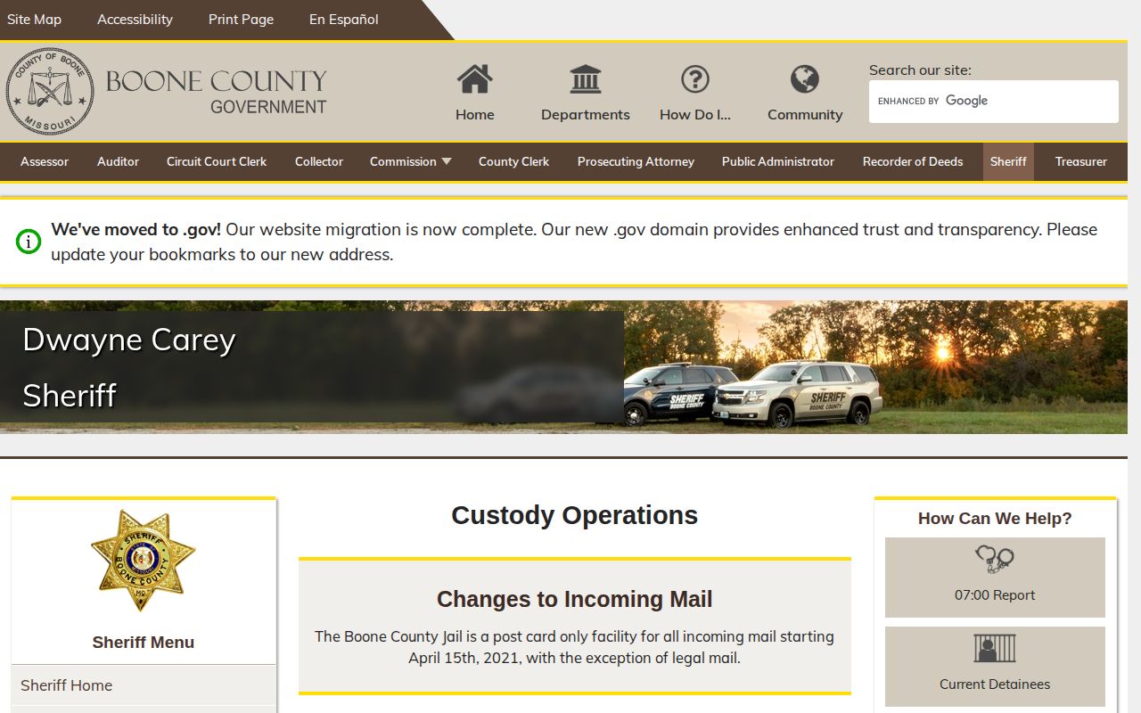 Boone County Jail custody operations page describing fingerprint and photograph intake