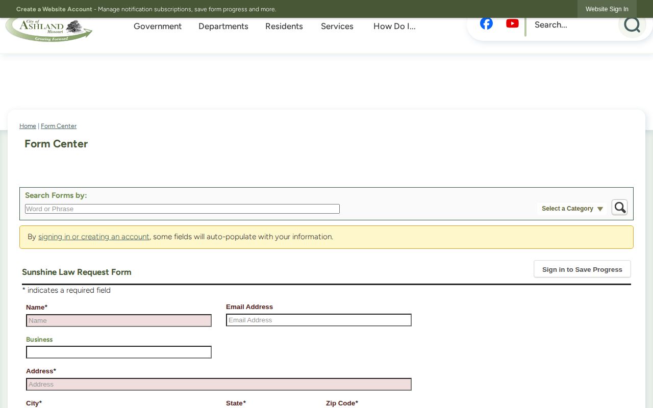 Blank Ashland Sunshine Law request form with record and delivery fields