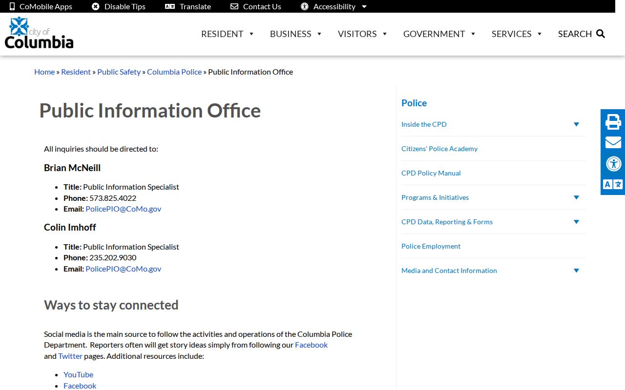 Columbia Police Public Information Office page with public records portal guidance