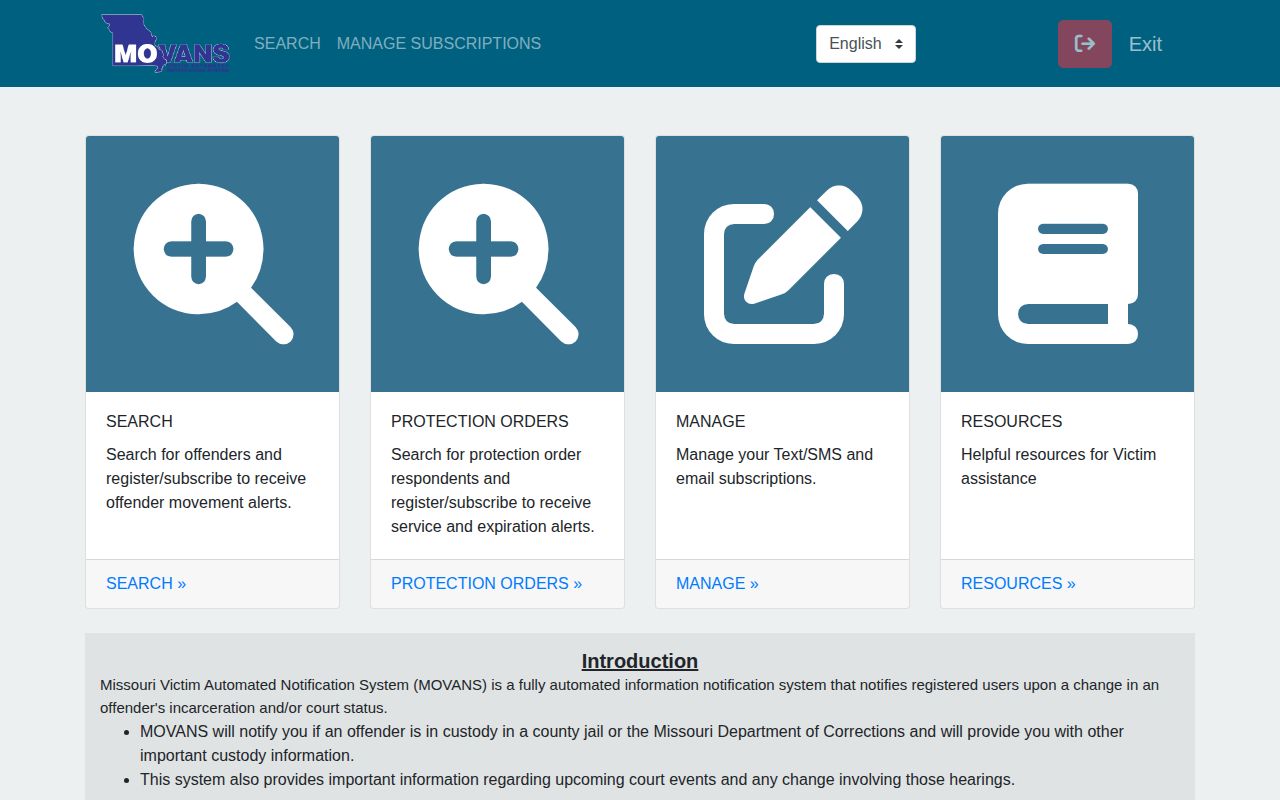Missouri MOVANS local jail custody search and registration screen