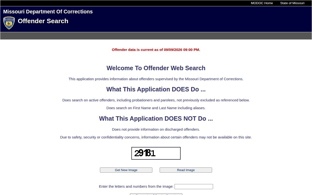 Missouri Department of Corrections active offender search screen