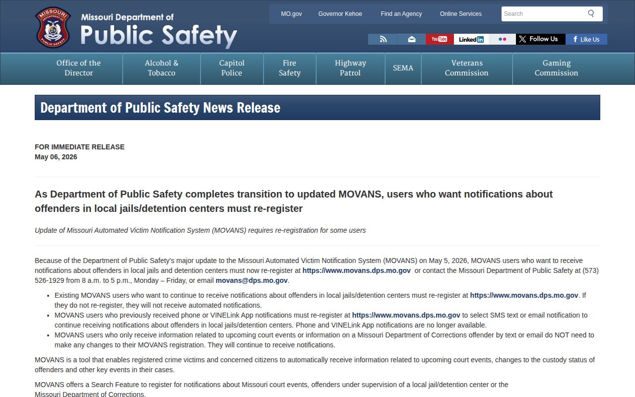 Missouri DPS MOVANS transition notice for SMS and email alerts